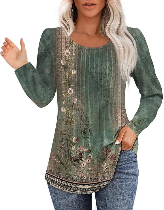 Lolvmvchi Womens Fall Tops Loose Fit Pleated Long Sleeve Shirts Casual Crewneck Floral Print Blouse Button Up
