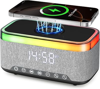 Portable Bluetooth Speaker with 15W Wireless Charging, 4 in 1 Alarm Clock Radio, 13-Color Dimmable LED Night Light - White Noise, 10W TWS Wireless Speaker, for Home, Bedroom, Office, Gift Black