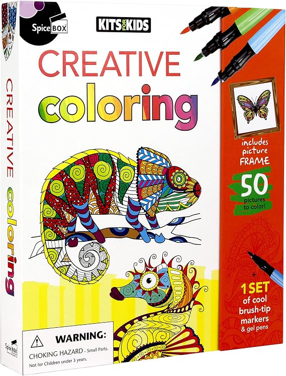 Kits For Kids: Creative Coloring - 50 Coloring Pages, 8 Bursh Tip Markers & 6 Gel Ink Pens, Included Frame, Coloring Activity Art Set, Kids Ages 8+