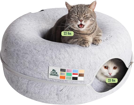 Peekaboo Cat Cave Donut for Multiple & Large Cats up to 30-45 lbs, 3-in-1 Self Warming Cat Bed, Tunnel & Scratcher for Indoor Cats, Washable & Detachable Small Dog Bed (Light Gray, Large)