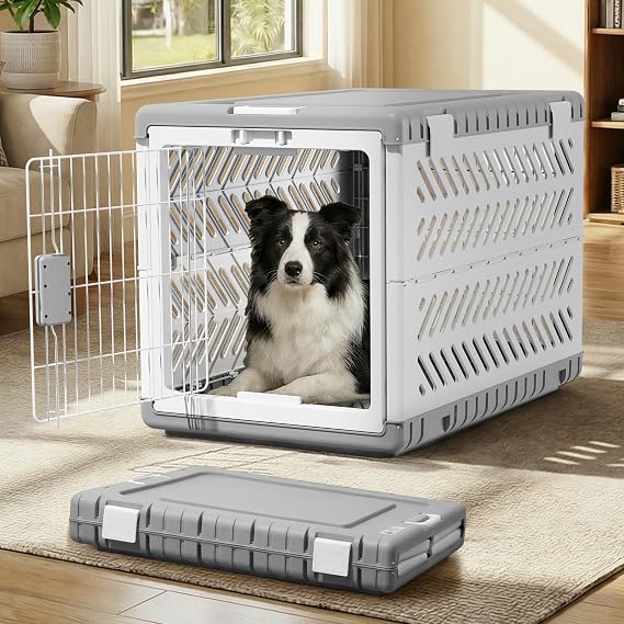 Gardner Pet Collapsible Dog Crate, White-Grey, L | Medium/Large Dogs, No-Tool Assembly Foldable Dog Cage, 2 Wheels, Portable Kennel,Space-Saving,Indoor Outdoor Use