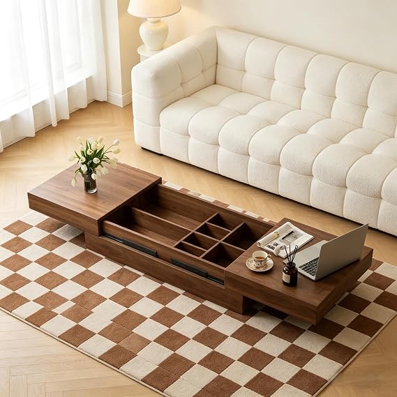 Multifunctional Extendable Coffee Table 120-208cm, Walnut Centre Table with Hidden Storage Compartment, Large Wooden Dining Tea Table for Living Room, Rustic Brown (120-208cm)