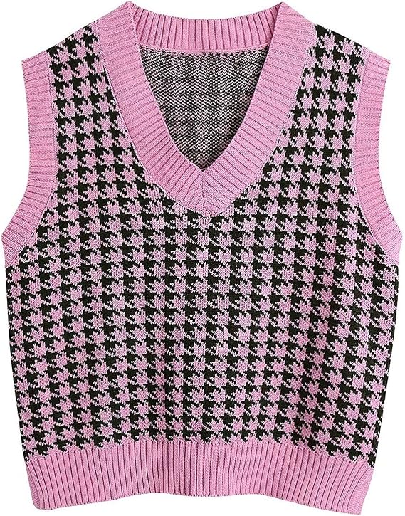 Oversized Sweater Vest Women Casual V Neck Houndstooth Knit Sweaters 2025 Fall Aesthetic Checkered Work Vests