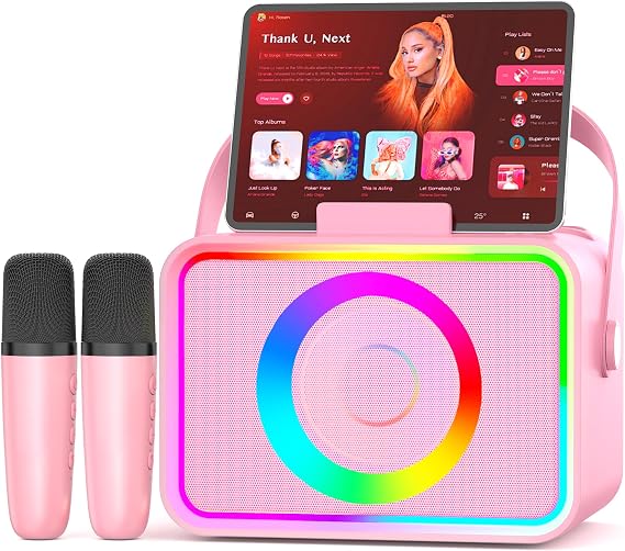 Karaoke Machine for Kids Adults,Portable Bluetooth Speaker with 2 Wireless Microphone with LED Lights, Karaoke Microphone with PA System Supports USB/TF/AUX,Gift for Party(Black) (Pink)
