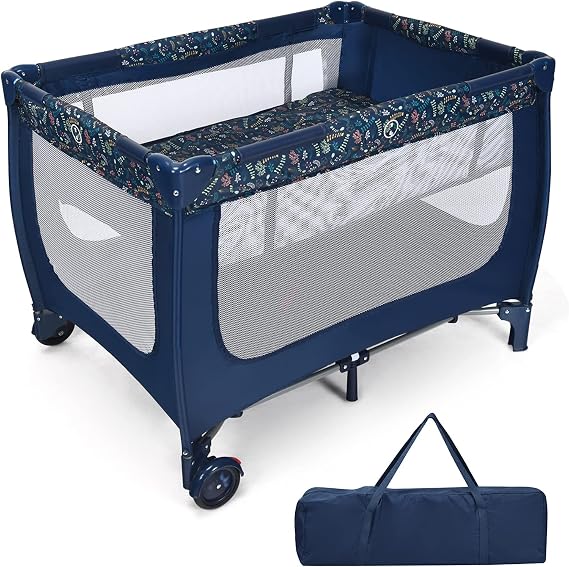 COSTWAY Foldable Travel Cot, Portable Baby Playard with Lockable Wheels, Breathable Mattress, Carry Bag, Double Layer Crib for Newborn Toddlers (Blue)