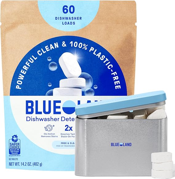 BLUELAND 100% Plastic-Free Dishwasher Detergent Tablets Set, Free & Clear | Eco-Friendly Dishwashing Pods, Cuts Grease & Stuck on Food, Rinses Clean for Streak-Free Shine, Fully Dissolves, Septic Safe