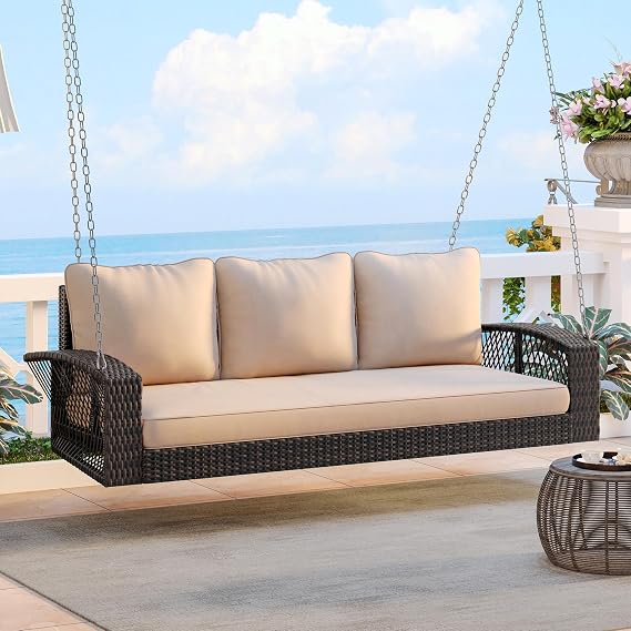 69" Wicker Porch Swing for 3, 800Lbs Capacity - Outdoor Hanging Bench with 3 Back Cushions, Weather-Resistant Rattan Outdoor Porch Swing for Patio, Backyard, Garden, Poolside - Brown