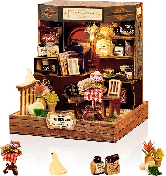 Cuteefun DIY Miniature House Kits, Mini Dollhouse with LED, 1:24 Scale | 3D Wooden Puzzle Kits, Creative Handicraft for Adults Teens, Home Decor, Birthday Christmas Gift (Mildly Spiced Coffee)