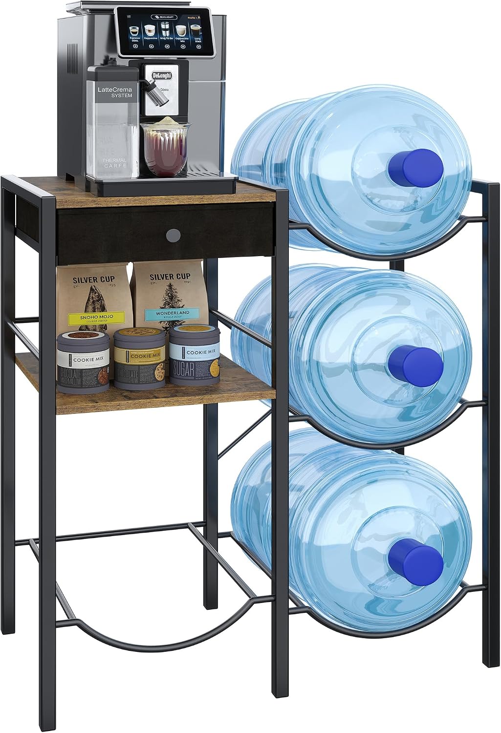 5 Gallon Water Jug Holder,3-Tier Water Bottle Holder with Drawer,Water Jug Rack with Storage Shelve,Water Bottle Organizer with 4 Slots for Kitchen,Office,Living Room,Rustic Brown WBR01B