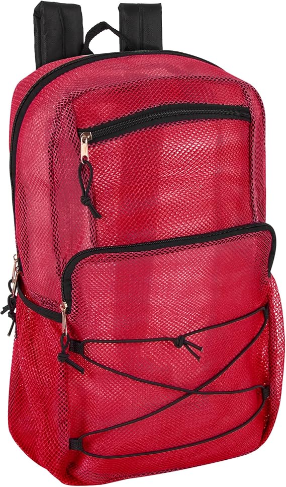 Deluxe See Through Mesh Backpack with Bungee Cord & Adjustable Padded Straps for Swimming, Travel (Red)