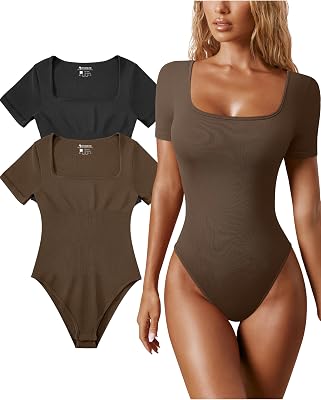 OQQ Womens 2 Piece Bodysuits Sexy Ribbed One Piece Square Neck Short Sleeve Bodysuits