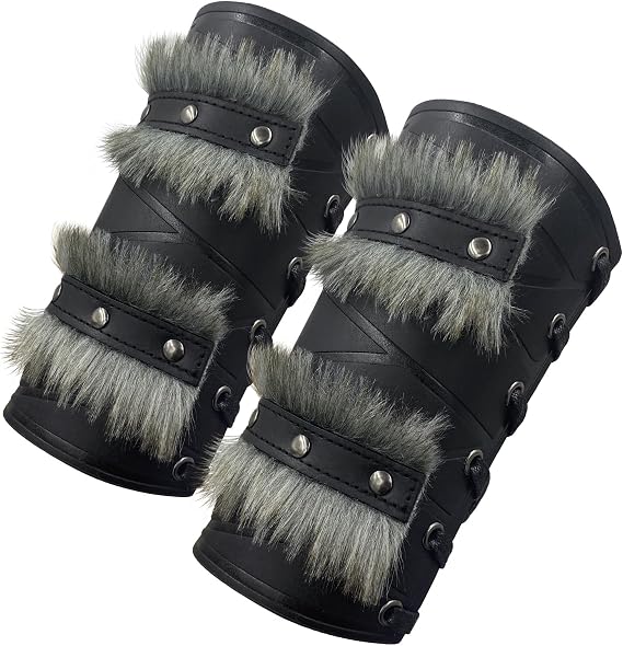HiiFeuer Nordic Viking Barbarian Arm Guards, Medieval Artificial Fur Gauntlets, Vintage Faux Leather Bracers for LARP