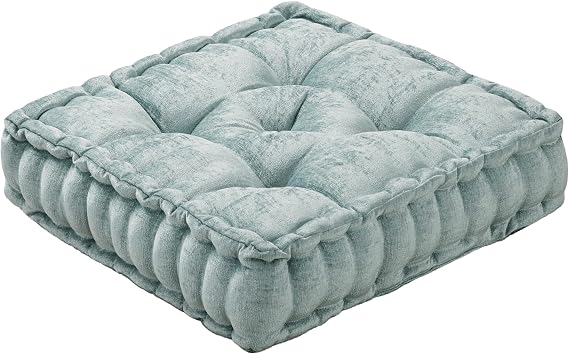 Intelligent Design Floor Pillow, Large Cushion for Meditation, 20x20 Aqua | Square Floor Seating for Adults, Board Games or Yoga, Lustrous Chenille Tufted Cover, Handsewn Scalloped Edge