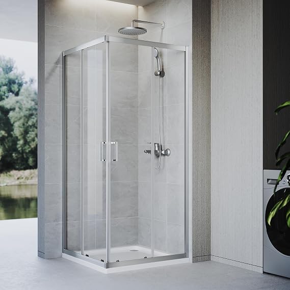 760 x 760mm Square Sliding Corner Entry Shower Enclosure Double Sliding Shower Doors 6mm Safety Clear Tempered Glass Reversible for Wet Room Bathroom Shower Cubicle