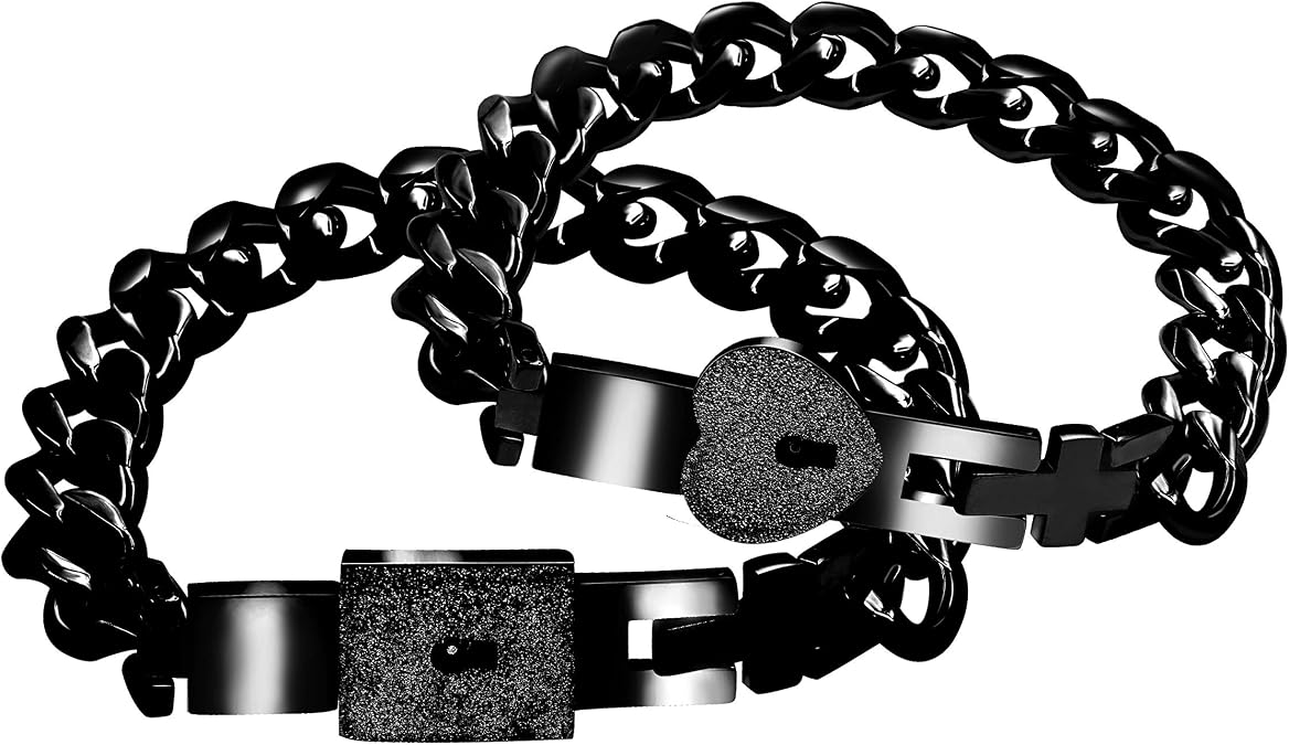 Uloveido Titanium Steel Cuban Chain Bracelets for Couples, His and Hers Square Heart Lock Bangles Matching Jewelry Set Y853