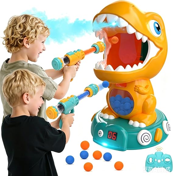 EagleStone Remote Control Dinosaur Shooting Toys with Spray and Auto Score | Electronic DinoTarget Game with 2 Air Blasters, 48 Balls, Light &Roar, Birthday Gift Party Favor for Boys and Girls