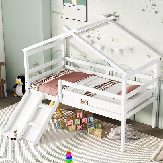 Linique Twin Low Loft House Bed with Slide, Ladder,Safety Guardrails,Wooden Twin Size House Roof-Shaped Loft Bed Frame for Boys and Girls,White