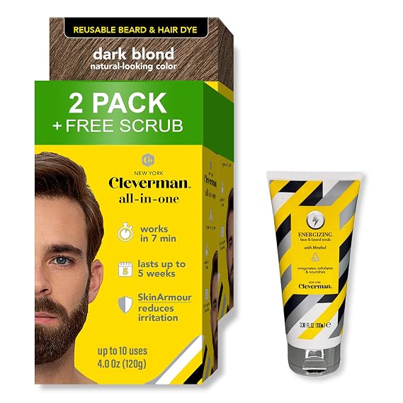 Cleverman 2 Pack - Reusable Hair & Beard Dye for Men Dark Blond + 1 Free Energizing Face & Beard Scrub