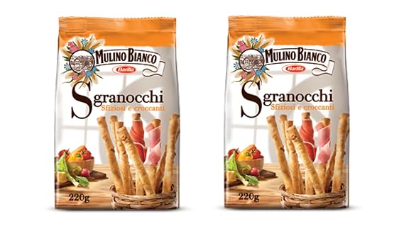 Mulino Bianco: "Sgranocchi - Sfiziosi e Croccanti " Tasty and crispy breadsticks - 7.76 Oz (220g) Pack of 2 [ Italian Import ]