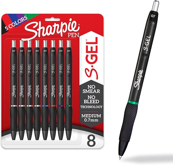 Sharpie S-Gel Gel Pens, Medium Point (0.7mm), Assorted Ink Colors, 8 Count - Back to School, Pens for Journaling & Studying Essentials