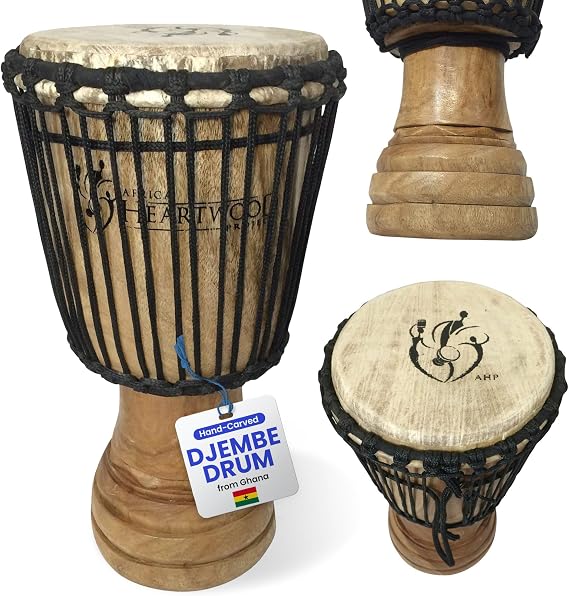 Africa Heartwood Project Hand-Carved Djembe Drum from Ghana - 8"x16" Authentic Classical African Djembe - Solid Wood Shell & Natural Goat Skin - Ready to Play Out of the Box Musical Instrument