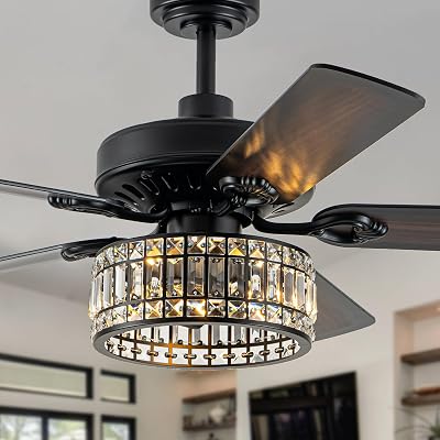 52 Farmhouse Ceiling Fan with Light and Remote,Rustic Crystal Chandelier Fan with 6 Speeds,5 Double Finish Wood Blades,Quiet and Reversible DC Motor for Living Dining Room Bedroom