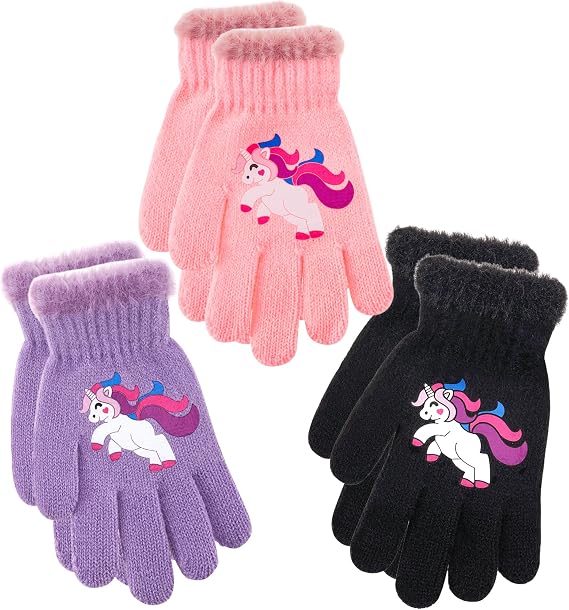 FENELY 3 Pairs Kids Winter Knit Gloves - Stretchy Full Finger Fluffy Warm for Boys Girls Toddler 4-7-12 Years