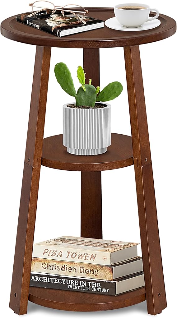 3-Tier Round Side Table, Small Solid Wood End Table, Red Brown