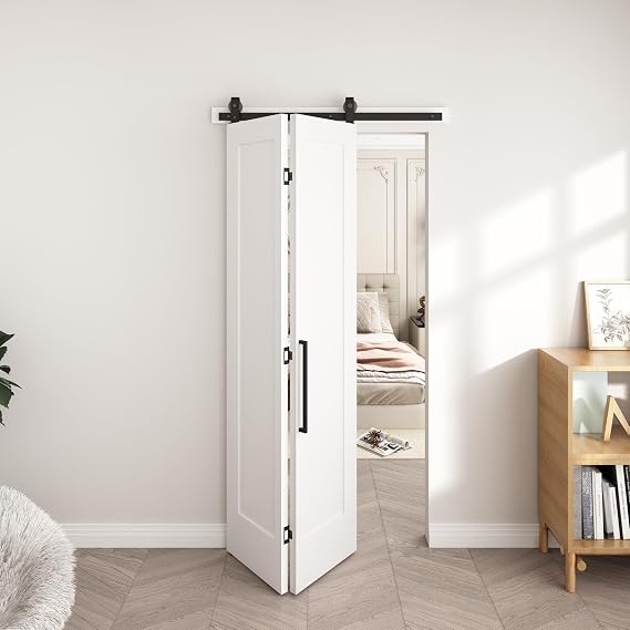 BarnSmith 36 in.x 84 in. Bifold Barn Door, Flat 1 Panel White Primed Door | Bifold Closet Door, Hollow Core Interior Barn Doors with Hardware Kit, Shaker Style