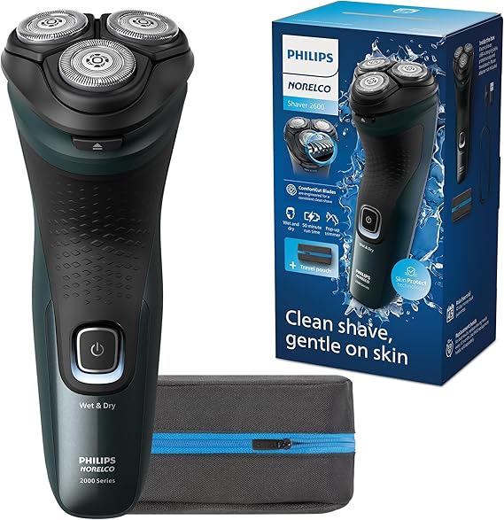 Philips Norelco 2600 Electric Shaver, Dark Forest Green | 27 Self Sharpening ComfortCut Blades, 4D Flex Heads, Wet or Dry Use, 2-Year Blade Life, Travel Pouch, X3052/91