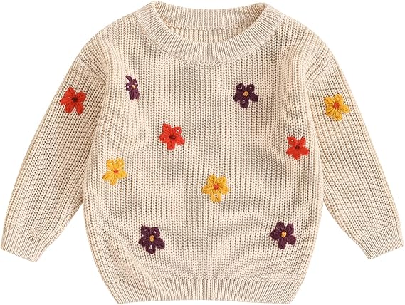 Toddler Baby Girl Long Sleeve Knit Sweater Color Floral Embroidery Round Neck Pullover Fall Winter Warm Tops Clothes