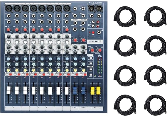 Soundcraft EPM8 8 Monowith2 Stereo Channel 2 Bus Recording/Live Mixer Console EPM 8 Bundle with Rockville RCXFM20E-B 20 Foot Female to Male XLR Mic Cable Black 100% Copper