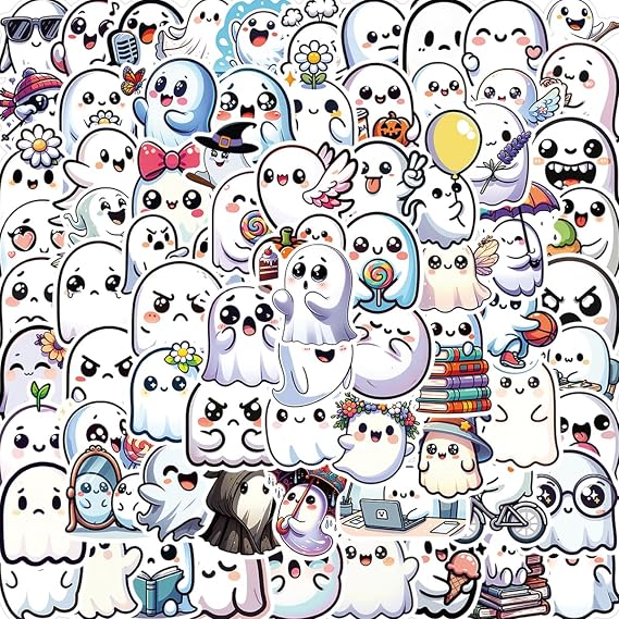 100PCS Ghost Halloween Stickers,Cute Ghost Stickers for Halloween Party Favor Decor for Water Bottles,Laptop,Cup, Phone