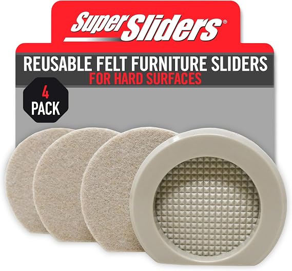 Super Sliders 3" Cupped Reusable Felt Furniture and Appliance Sliders for Hard Surfaces, Anti-Slip Protective Furniture Moving Pads for Beds, Sofas, Dressers, Set of 4, Beige