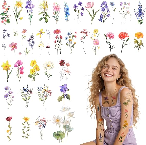 10 Sheets Wildflower Temporary Tattoos, Flower Temporary Tattoos Stickers, Small Wildflower Floral Temporary-Tattoo for Birthday Decorations, Party Supplies, School Rewards Gifts, Body Art Decoration