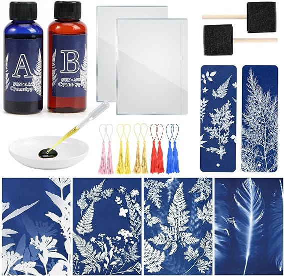 Cyanotype Kit Include 2 Component Sensitizer Set, 40 Sheets A5 Paper Brush Tools and Instructions Sun Print Nature Printing Kit for Photographic Blueprints DIY Arts Crafts Projects