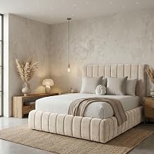 Acrivo Luxury Upholstered Panel Bed Frame with Headboard and Optional Ottoman Gaslift Storage - 5ft King Size Bed Only - Cream With Storage Ottoman GasLift