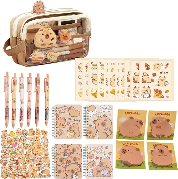 Capybara Stationery Set, Complete School Stuff Collection with Pencil Case and Accessories, Organised Storage for Students and Gift Ideas