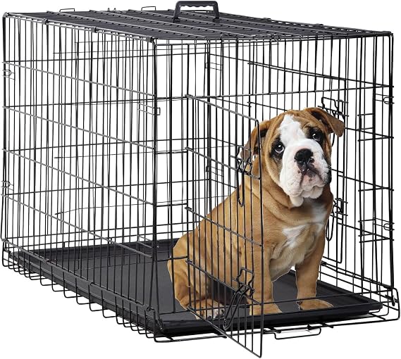 30 Inch Dog Crates,Folding Mental Wire Pet Crates Puppy Cage with Double-Door Divider Panel Removable Tray and Handle,Outdoor and Indoor Pet Dog Cage Crates for Medium Dogs Portable Travel Cage, Black