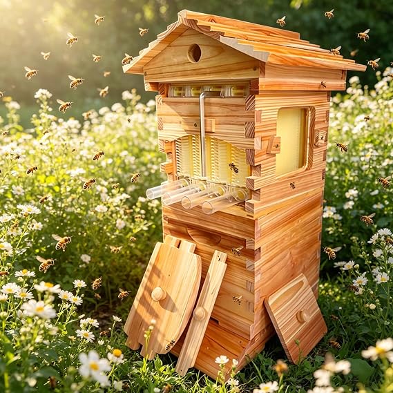 Self-Flowing Honey Beehive Starter Kit, Wooden Auto Flow Hive Box with 4 Frames and 6 Honeycomb Trays, for Beekeeping Supplies Backyard Enthusiasts