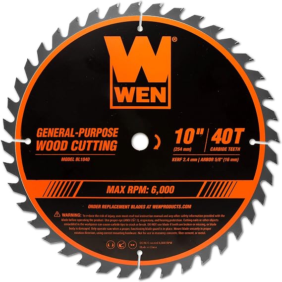 WEN BL1040 10-Inch 40-Tooth Carbide-Tipped Professional Woodworking Saw Blade for Miter Saws and Table Saws