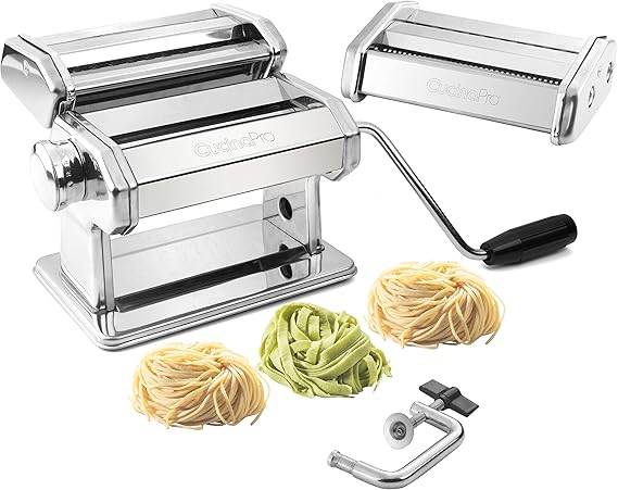 Pasta Maker Machine- Steel Construction, Spaghetti & Fettucine Attachments | Rollers w Adjustable Thickness Settings, Heavy Duty, Chrome Coated Roller, Manual Hand Crank for Precise Noodles with Recipes