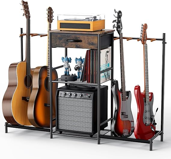 4 Tier Adjustable Multi Electric Guitar Stand for Home Music Studio | Guitar Rack with Amp Holders & Cloth Drawer,3-Tier Multiple Display Stand with 4 Holders,Guitars Accessories gift