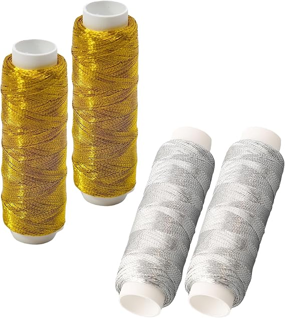 4 Pack Metallic Sewing Thread Set, Gold & Silver Polyester Shiny Threads for Embroidery Quilting Patchwork, Universal for Sewing Machines Overlocker Hand Decorative Stitches
