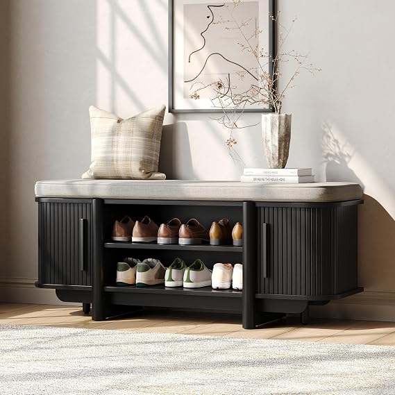 Maupvit Entryway Shoe Storage Bench with Sliding Doors, 2-Tier Upholstered Shoe Rack Bench with Hidden Storage, Wooden Shoe Organizer with Padded Cushion for Hallway, Mudroom, Bedroom, Black Finish