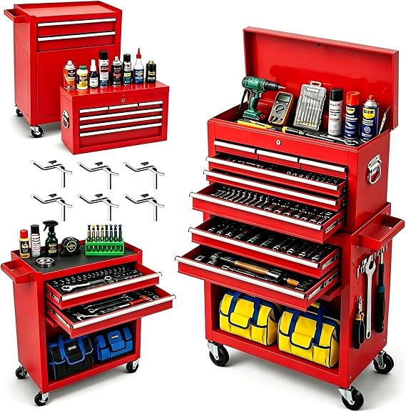 8 Drawers Rolling Tool Chest, 2-in-1 Metal Tool Cabinet with Wheels, Detachable Top Toolbox & Bottom Storage Cart with Hooks for Garage, Workshop, Repair Shop or Salon Use (Red)