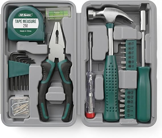 Hi-Spec 25pc Green Small Compact Hand Tool Kit Set for Home & Office DIY Household Basic Toolkit Starter Repairs in a Portable Tool Box Case