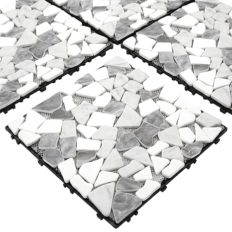 4PCS Natural Pebble Interlocking Deck Tiles, 12" x 12" Recycled Glass Marble Looks Waterproof Patio Deck, Outdoor & Indoor Flooring Decking Tiles for Porch Poolside Balcony Backyard, Grey Mixed
