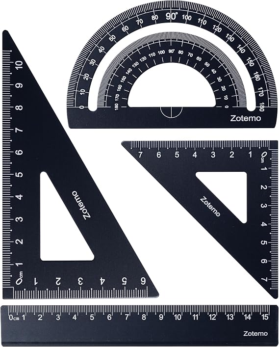 Geometry Ruler Set for Students, Metric Measurement 4-Piece Metal Math Drafting Kit with Non-Slip Design 15 cm Straightedge Ruler, 180 Protractor & 2 Triangles for School Kids (Black)