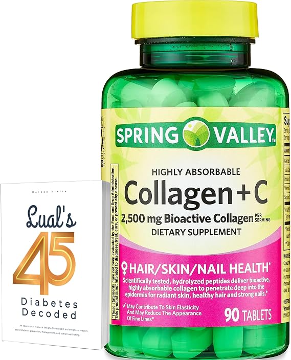 Spring Valley Collagen + C Tablets for Hair/Skin/Nail Health, 2,500 mg, 90 Count, Highly Absorbable, Collagen Plus Vitamin C Bundle with Luall's 45 Diabetes Decoded